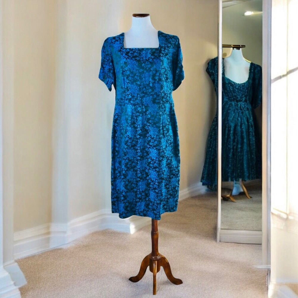 Vintage 1950s MCM Jacket Dress Set Mrs Maisel Blue Brocade Damask Size Medium ￼